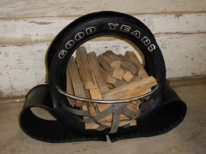 recycling basket for fire wood out of a used tire and scrap stainless steel 